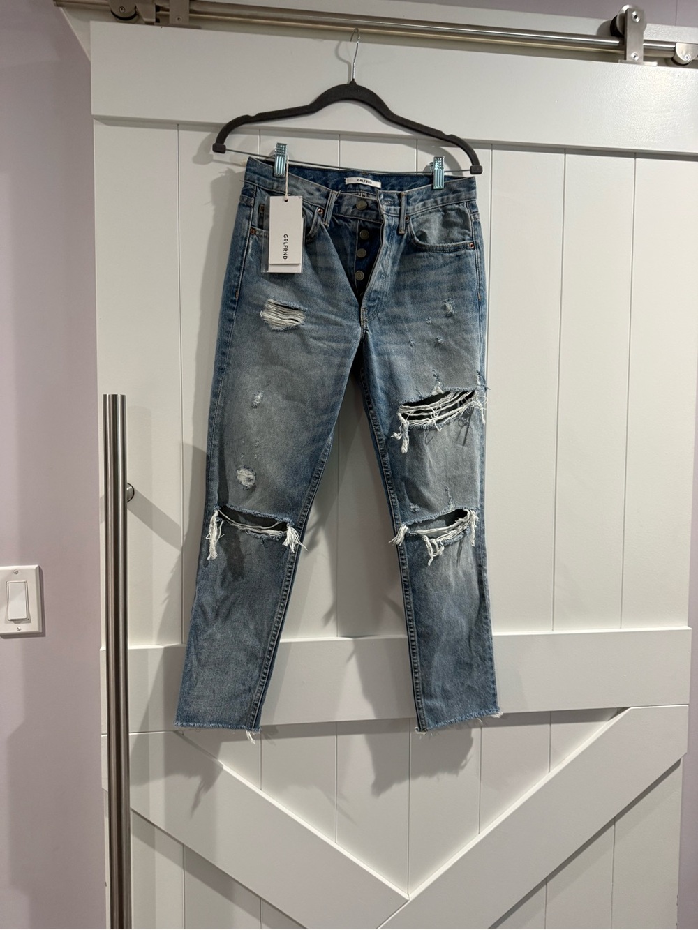 GRLFRND Women's Distressed Light Blue Straight-Leg Jeans